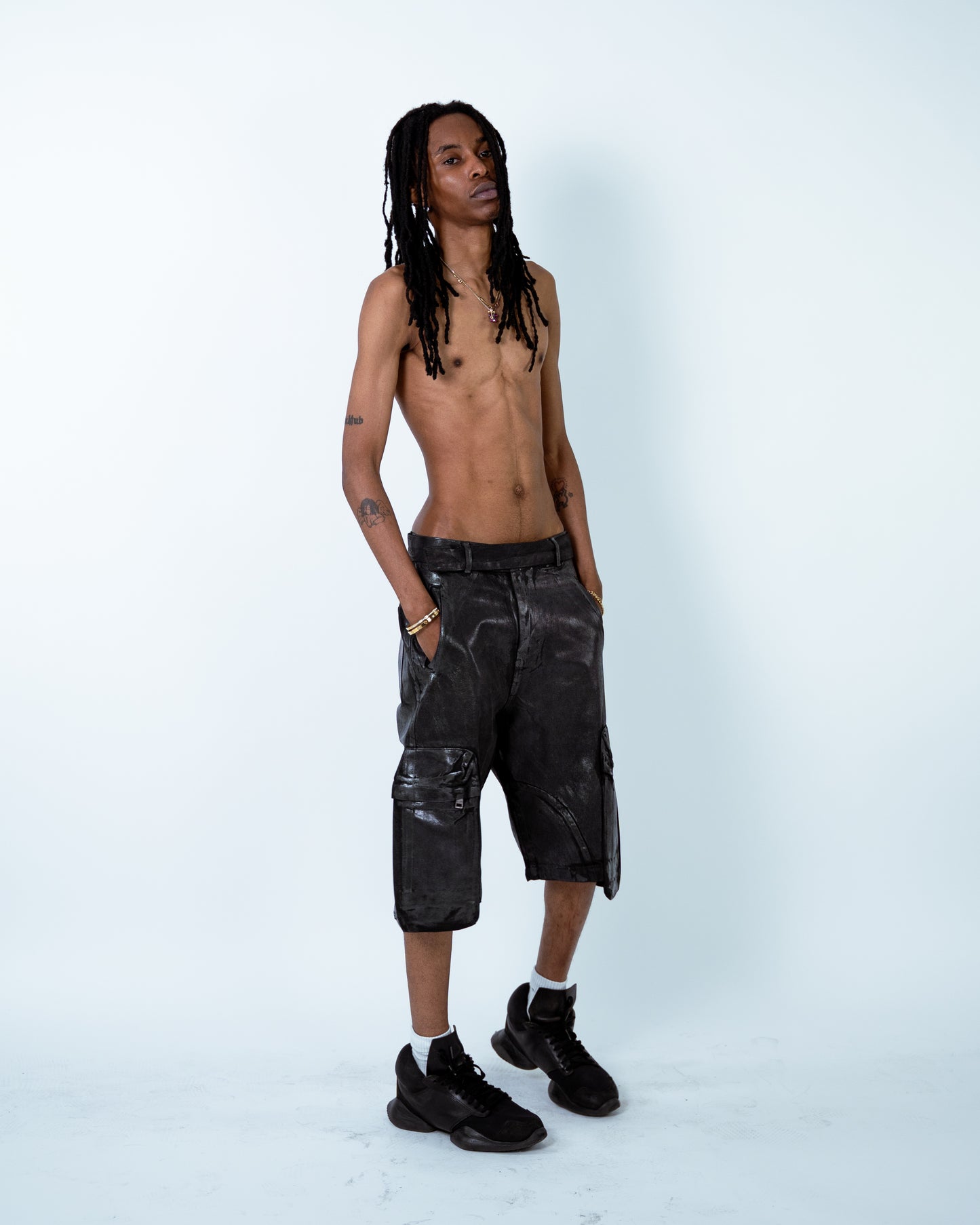 Waxed Denim Cargo Shorts