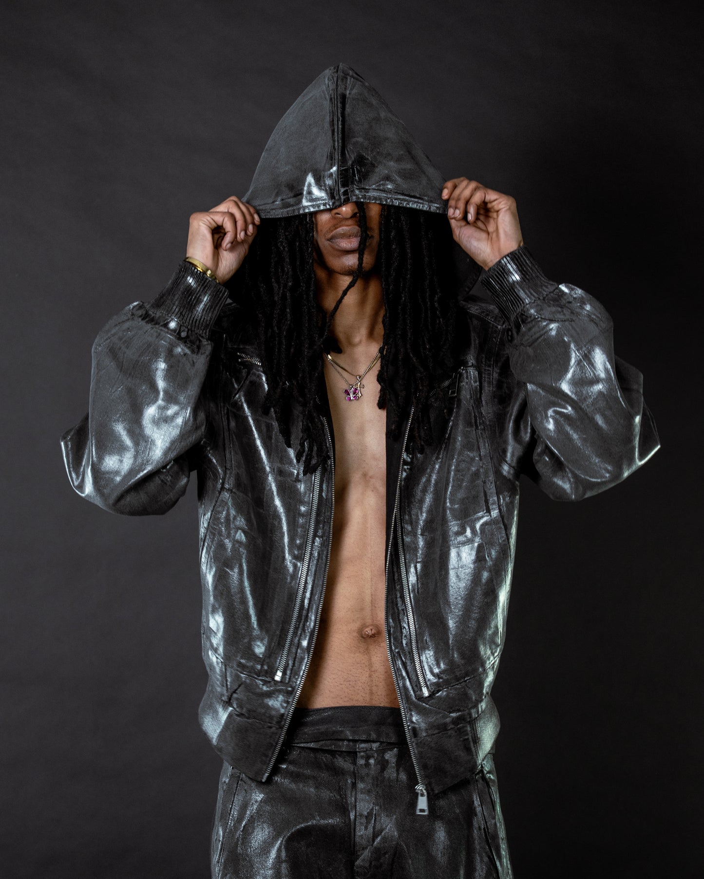 Waxed Denim Bomber Jacket Grey