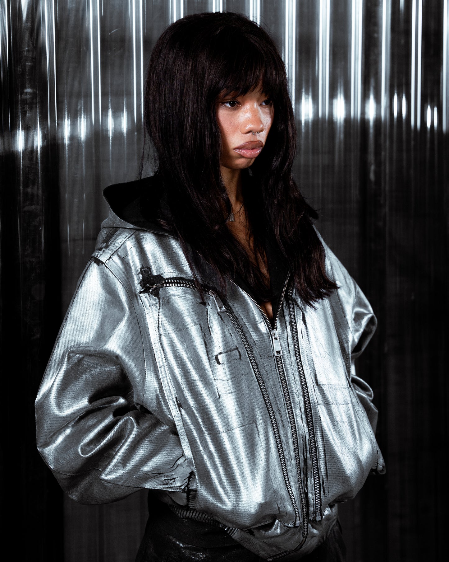 Waxed Denim Bomber Jacket Silver