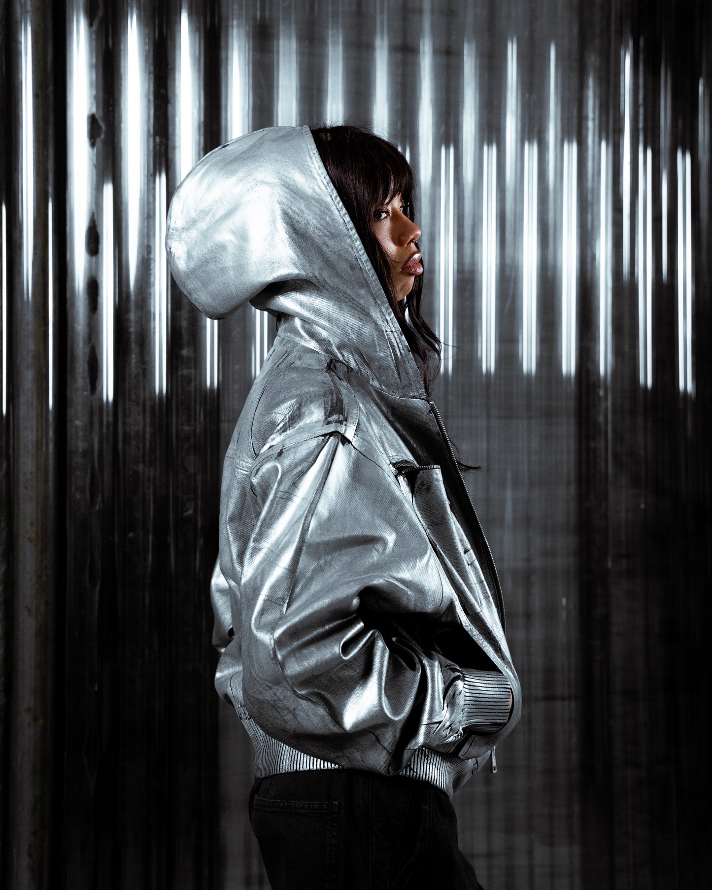 Waxed Denim Bomber Jacket Silver